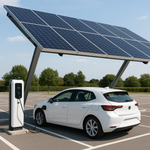 Voiture electrique en rechargement avec borne de recharge sous une ombrière photovoltaïque